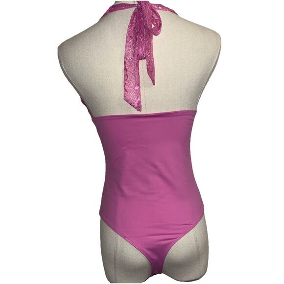 UNCOOYEE Sexy Floral Lace Thong Bodysuit Halter VNeck Sleeveless Backless Pink S - Picture 2 of 11